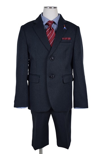 ELLE en noir チェックシャツ×赤ネクタイネイビースーツセット (120cm