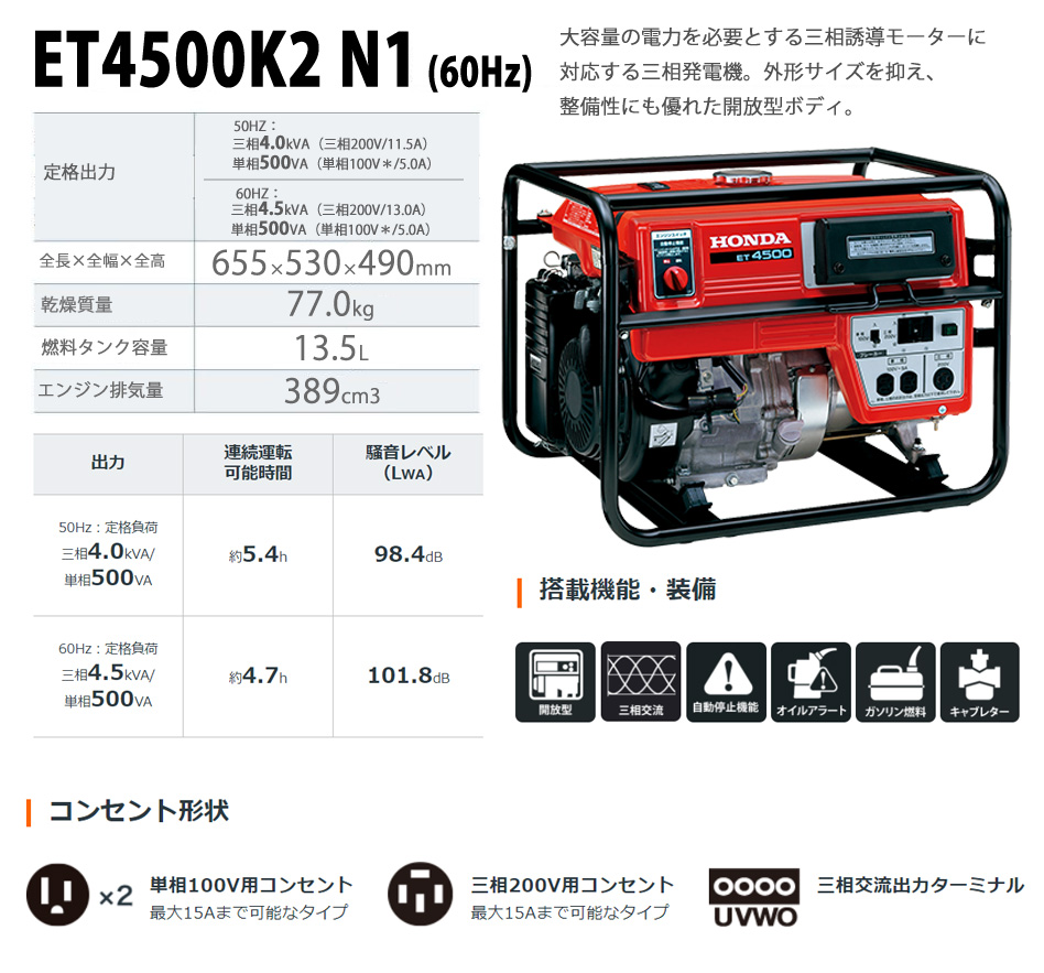 ホンダ(HONDA) 三相発電機 ET4500-N1【60Hz】(西日本) 200V メーカー