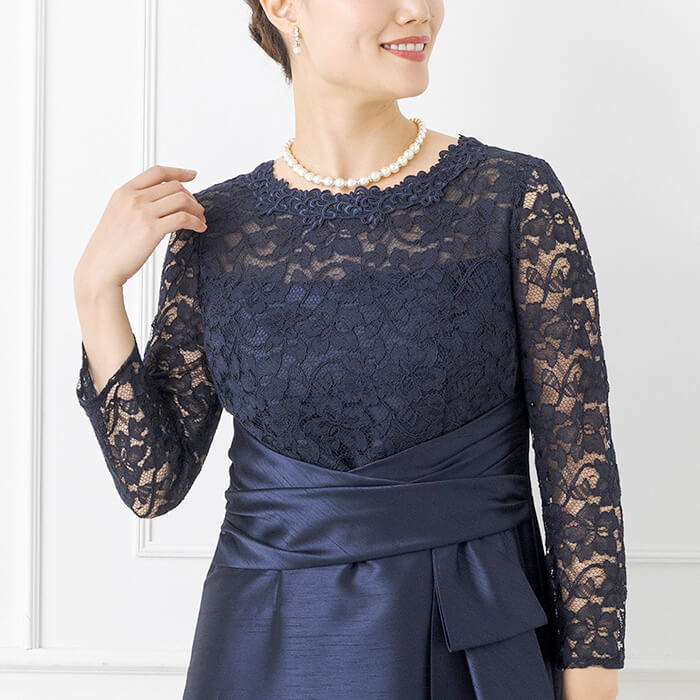 ラッセルレース×シャンタンのロングドレス 11号・ネイビー｜東京