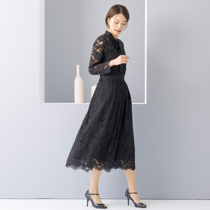 WEB限定｜ボウタイレースドレス 11号・ブラック｜東京ソワール