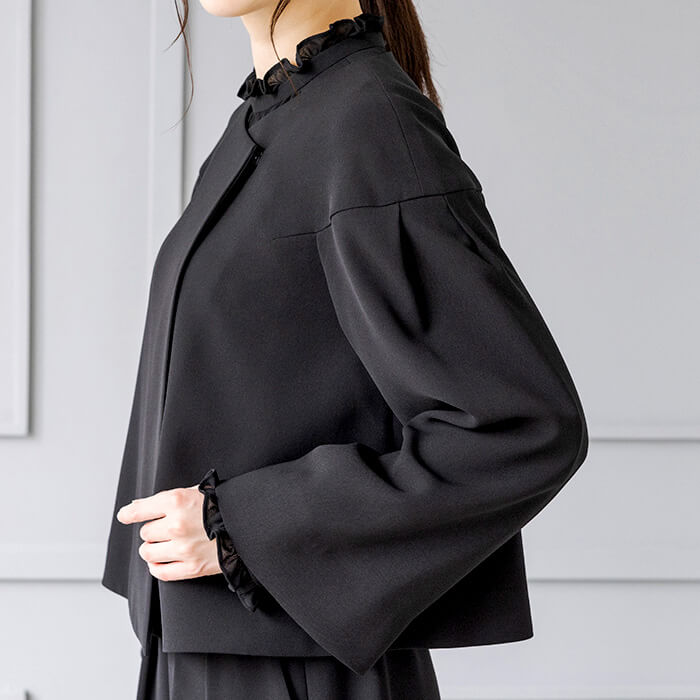 洗える｜ノーカラーのボレロジャケット M・ブラック｜東京ソワール