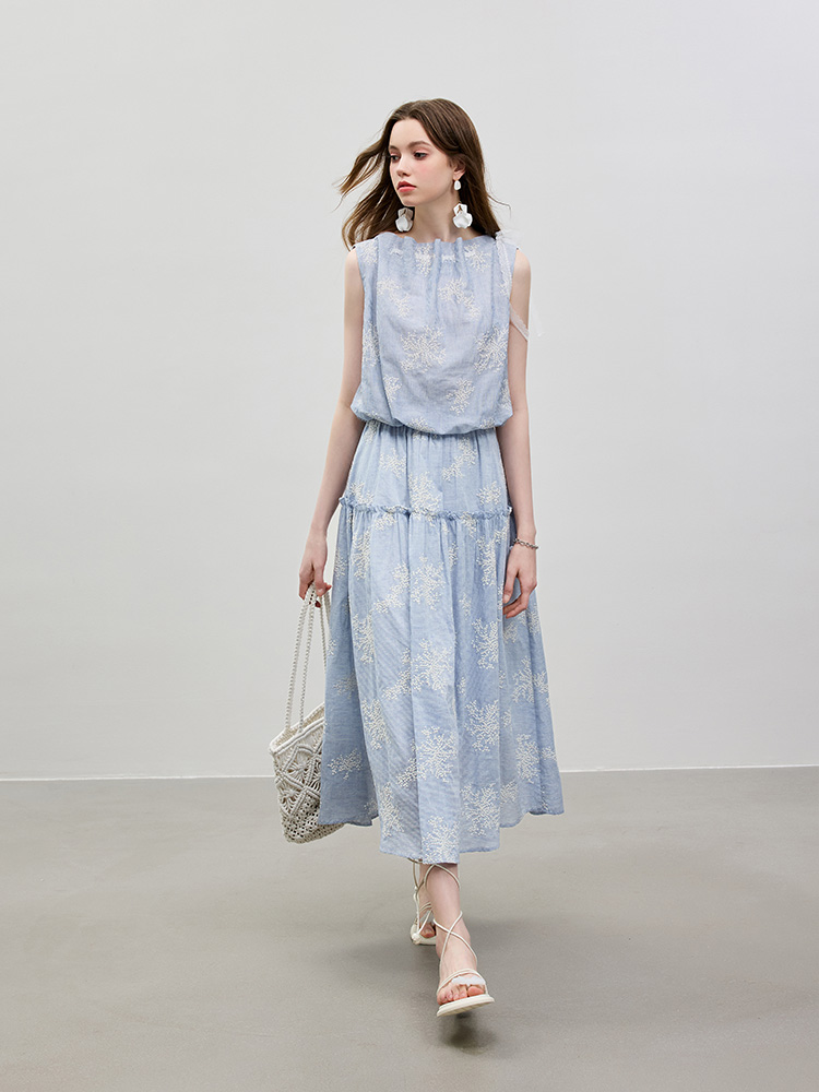青ファッション 花刺繍ティアードロングスカート スカート|青