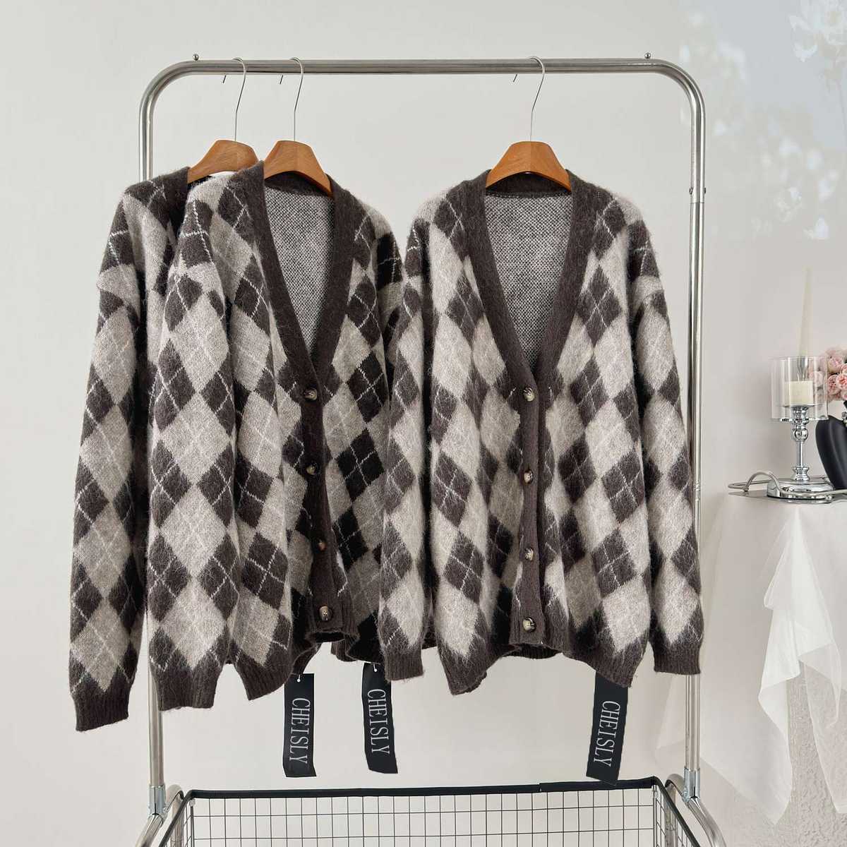 チェック柄ファッション ダイヤ模様のモヘアカーディガン トップス