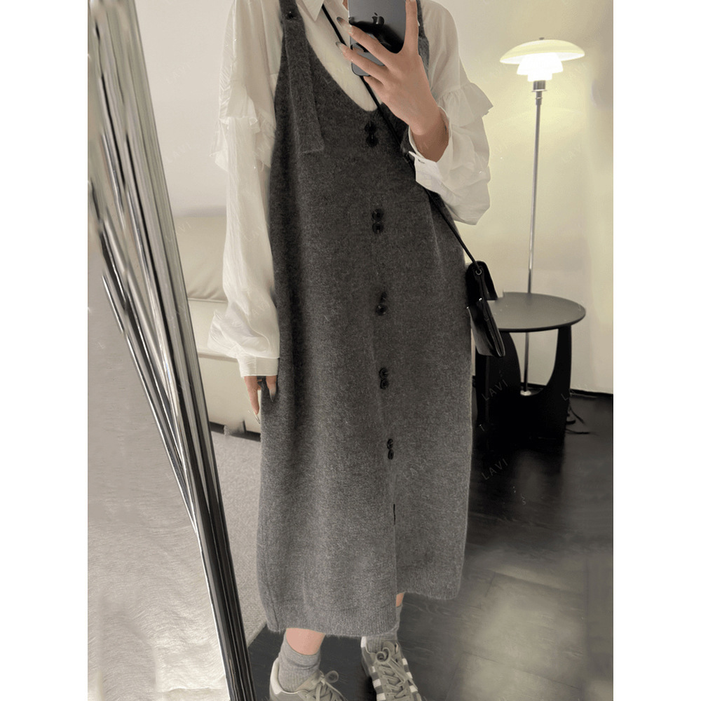 秋冬サロペットワンピース ロング丈ニット素材 グレー マタニティ