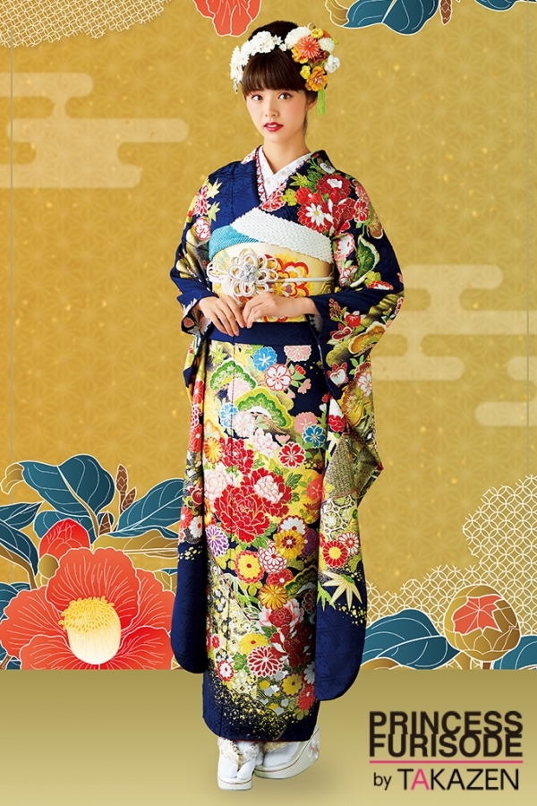 32082 高級綺麗古典 紺/ゴールド(金色)｜TAKAZEN|振袖比較サイトfurimo