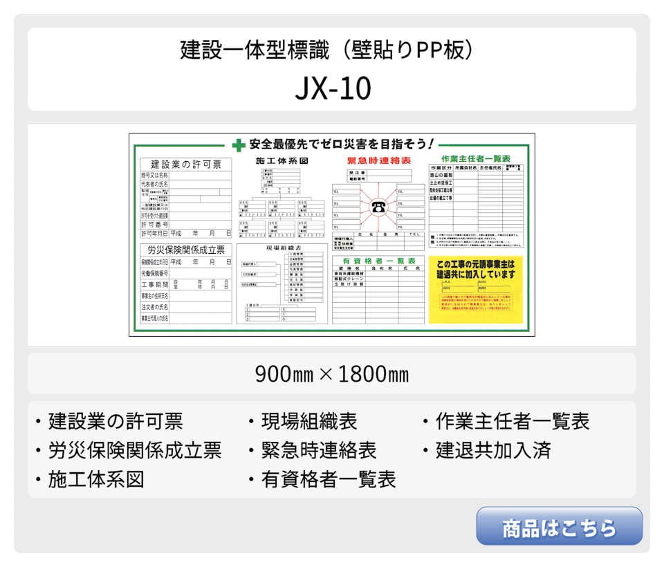 建設一体型標識 JX-10】【1枚】壁貼りタイプ PP製 建設業の許可票