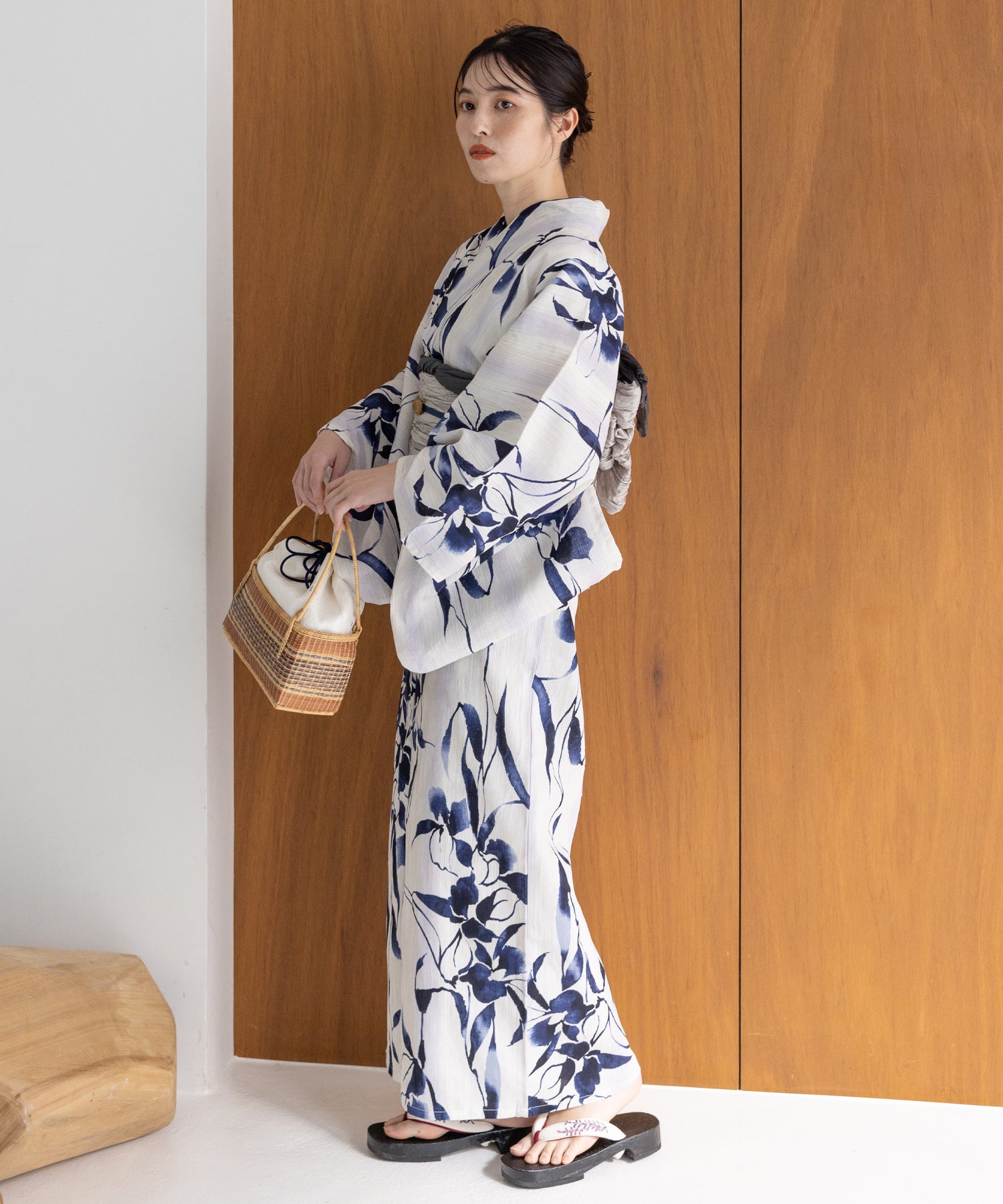 こだわり浴衣 5点セット (浴衣/帯/下駄/腰紐/着付け冊子) 麻混 綿麻