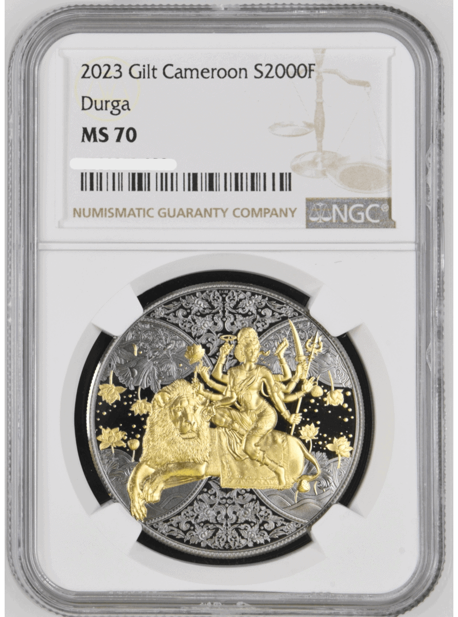 2023 Cameroon Durga 1 oz Silver Ruthenium Dark Gilded Coin NGC MS 70