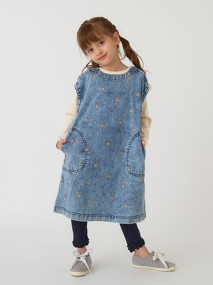 フラワードット刺繍7オンスストレッチデニムワンピース（ノースリ