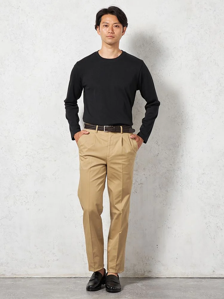 ベージュ 【ツータック】チノパン 折り目加工 無地 カジュアルパンツ