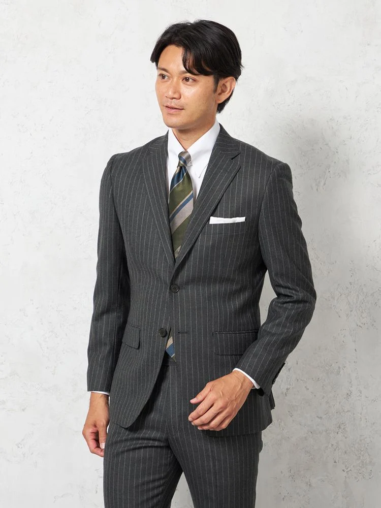 ウール100％】スーツ 2つボタン 英国調ミルド 脚長スリム チョーク