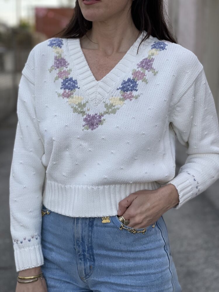 Vintage 90s Cropped V-Neck Floral Sweater -S/M → Hotbox Vintage