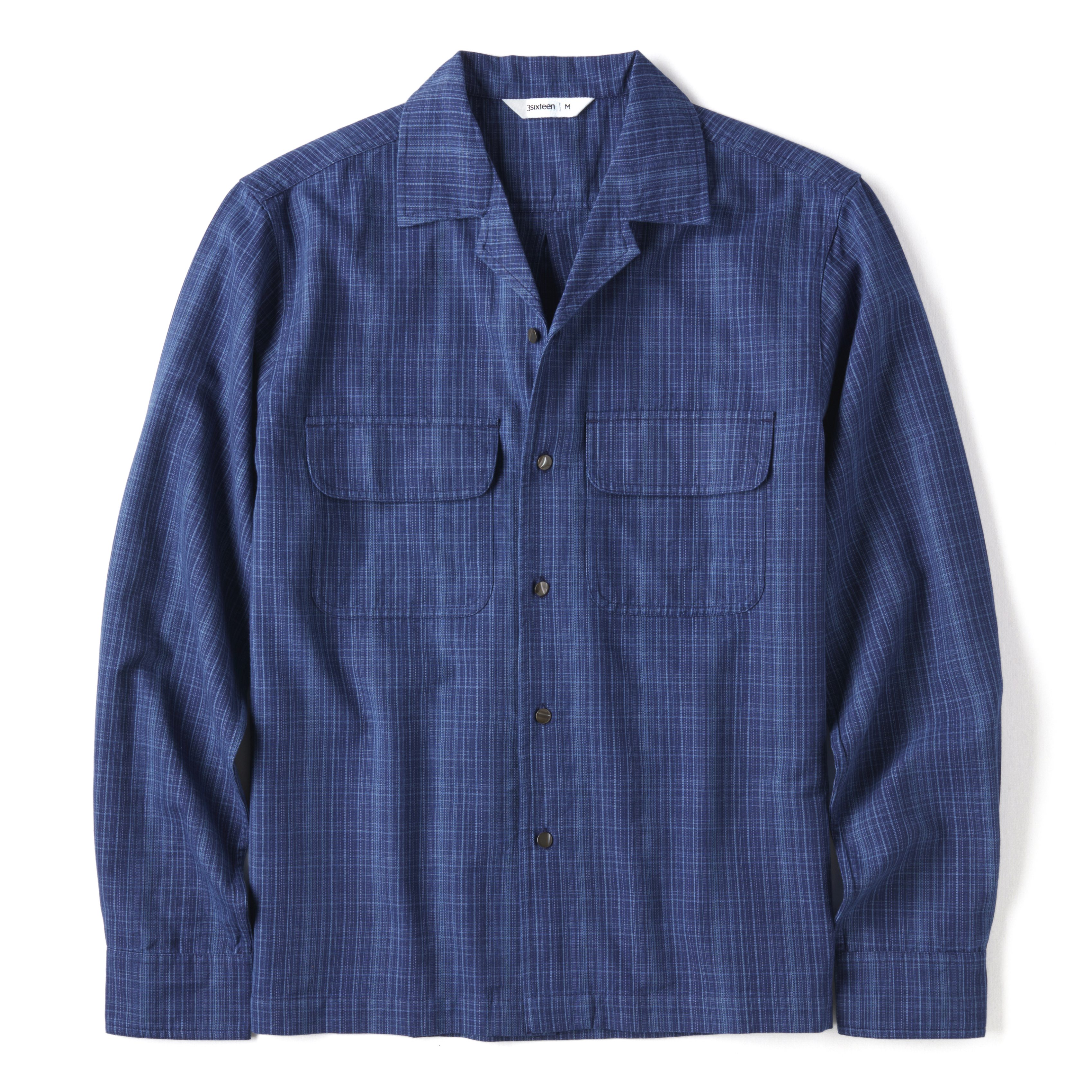 3sixteen Open Collar Shirt - Indigo Microcheck | Long Sleeve