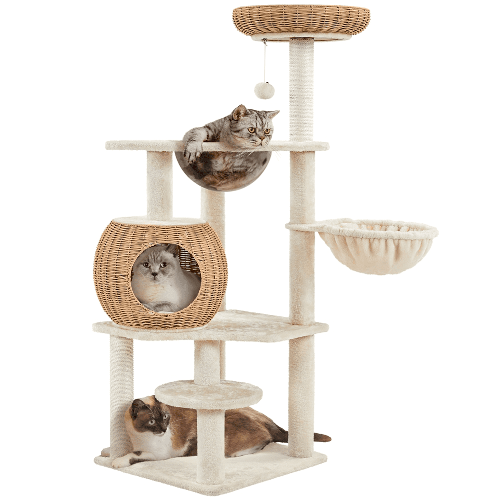 Alden Design 54″ Tall Rattan Cat Tree with Soft Cushion Clear Bowl