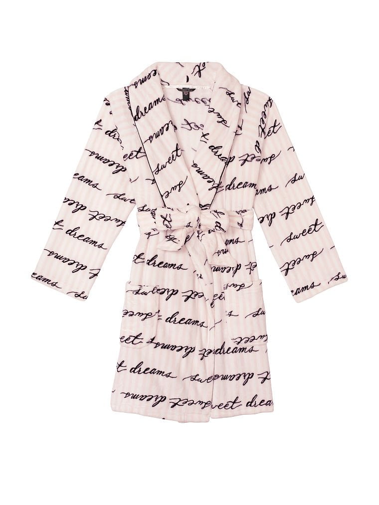 Victoria's Secret Logo Short Cozy Plush Robe Pink Stripe Classic