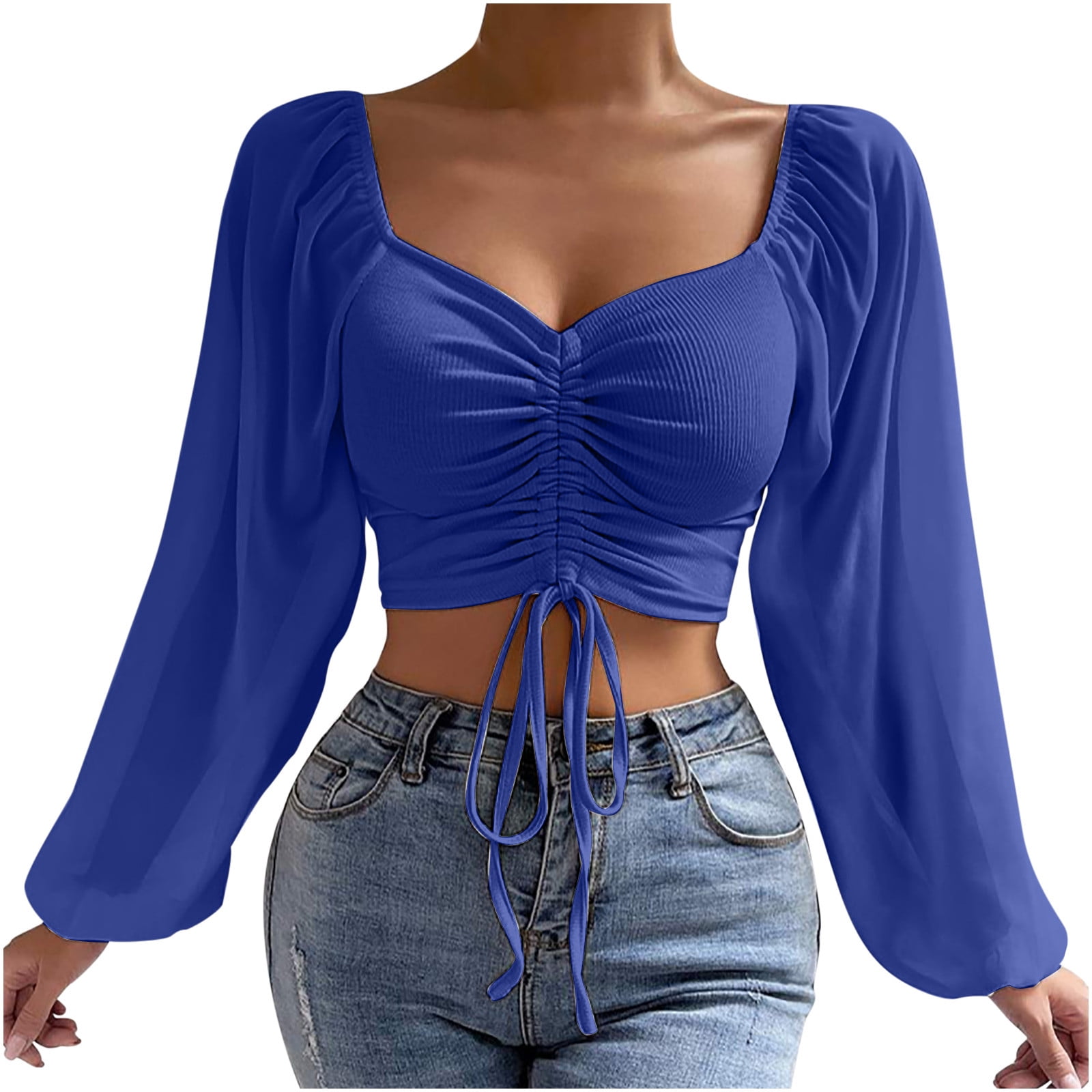 Yyeselk Women's Long Sleeve Cropped Tops V Neck Ruched Drawstring