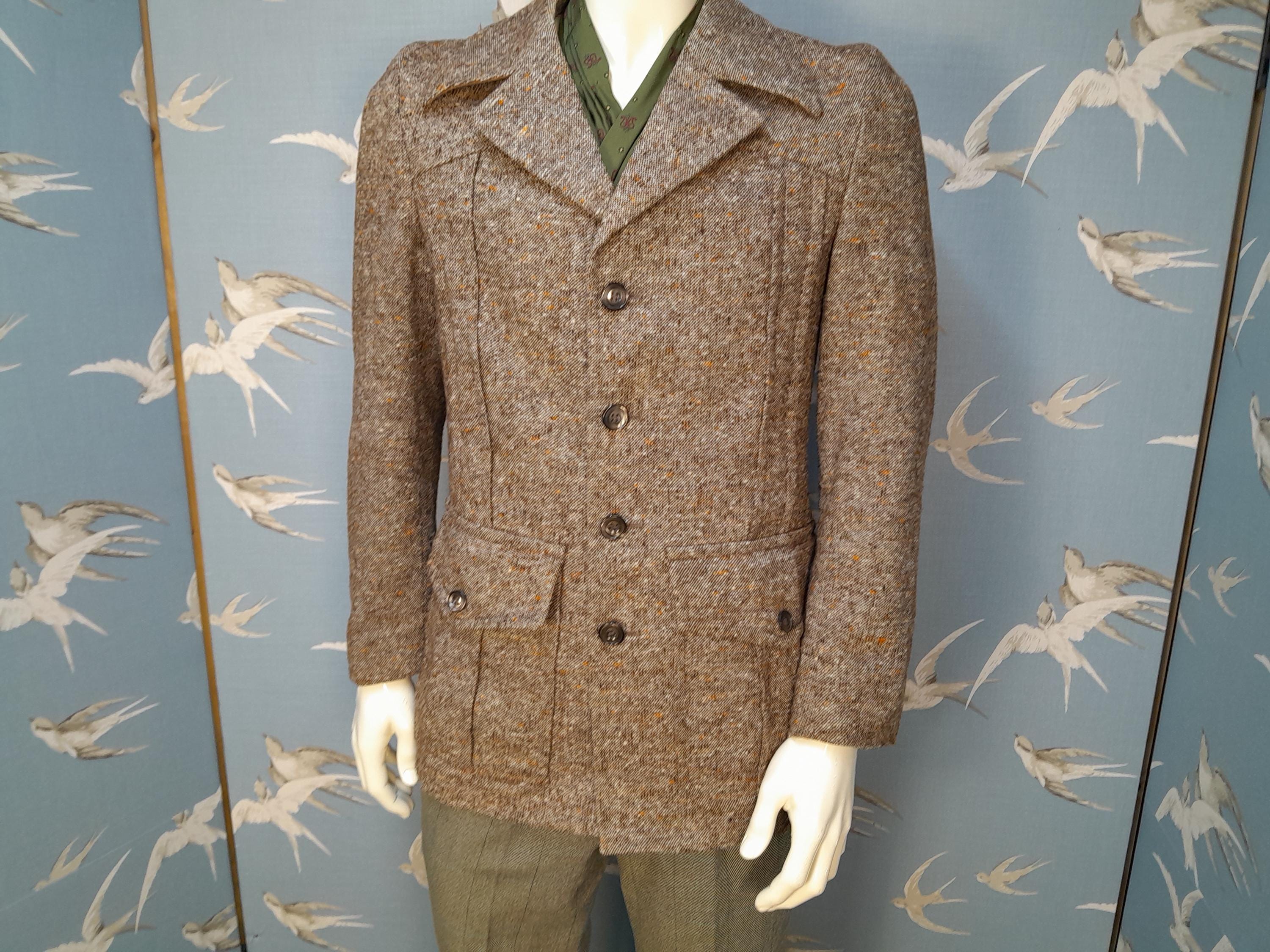 Vintage 1970s Mans Tweed Safari Jacket, Size Medium, 38
