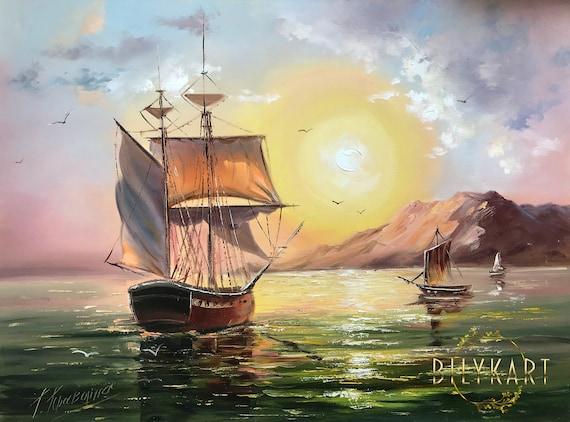 帆船の油絵 夕日に沈む船のオリジナル絵画 帆船の壁画 沿岸の帆船の