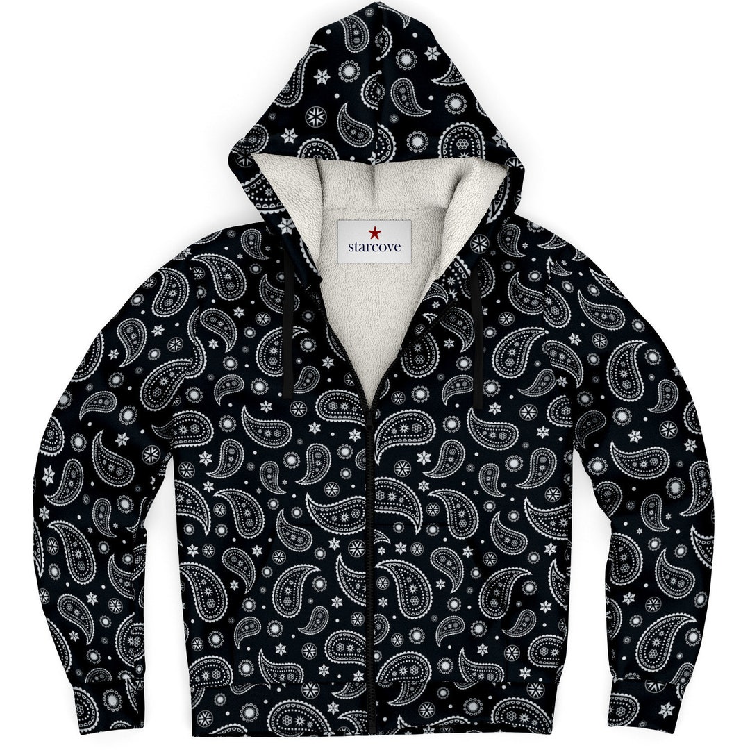 Black Paisley Zip up Fleece Lined Hoodie, Bandana Heavyweight Full