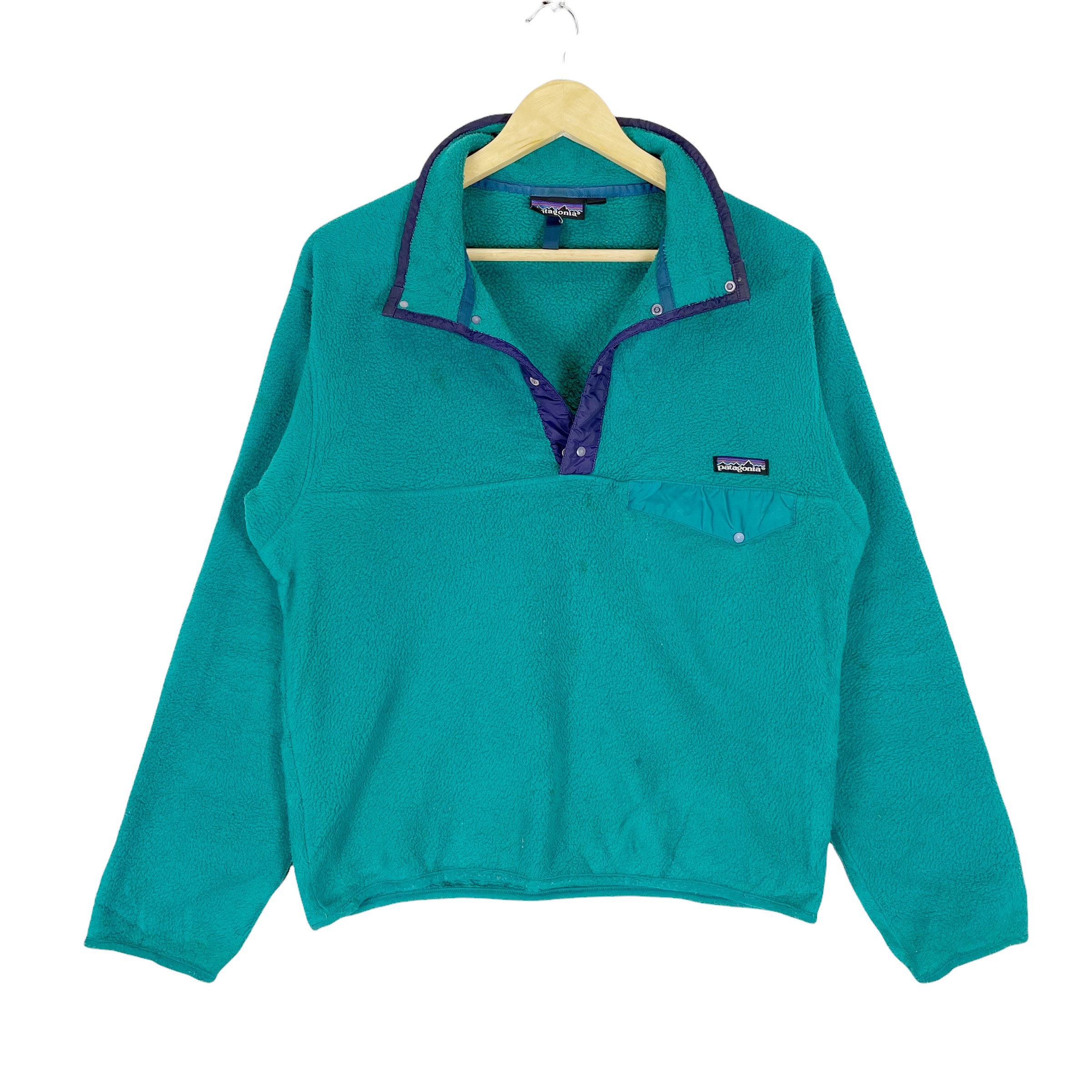 Vintage 90s Patagonia Fleece Pullover: Green Snap Button Sweater