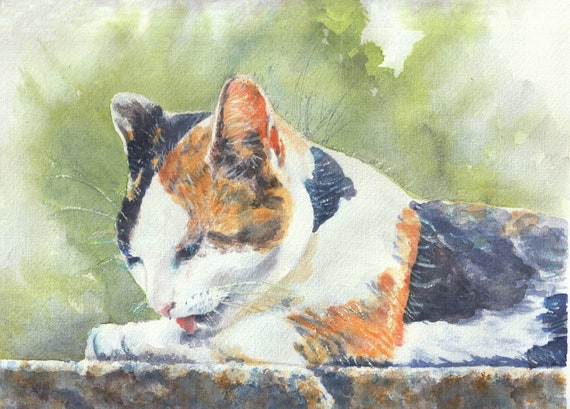 三毛猫、手作りの猫の水彩画、白いマット付きの猫のアートプリント、三