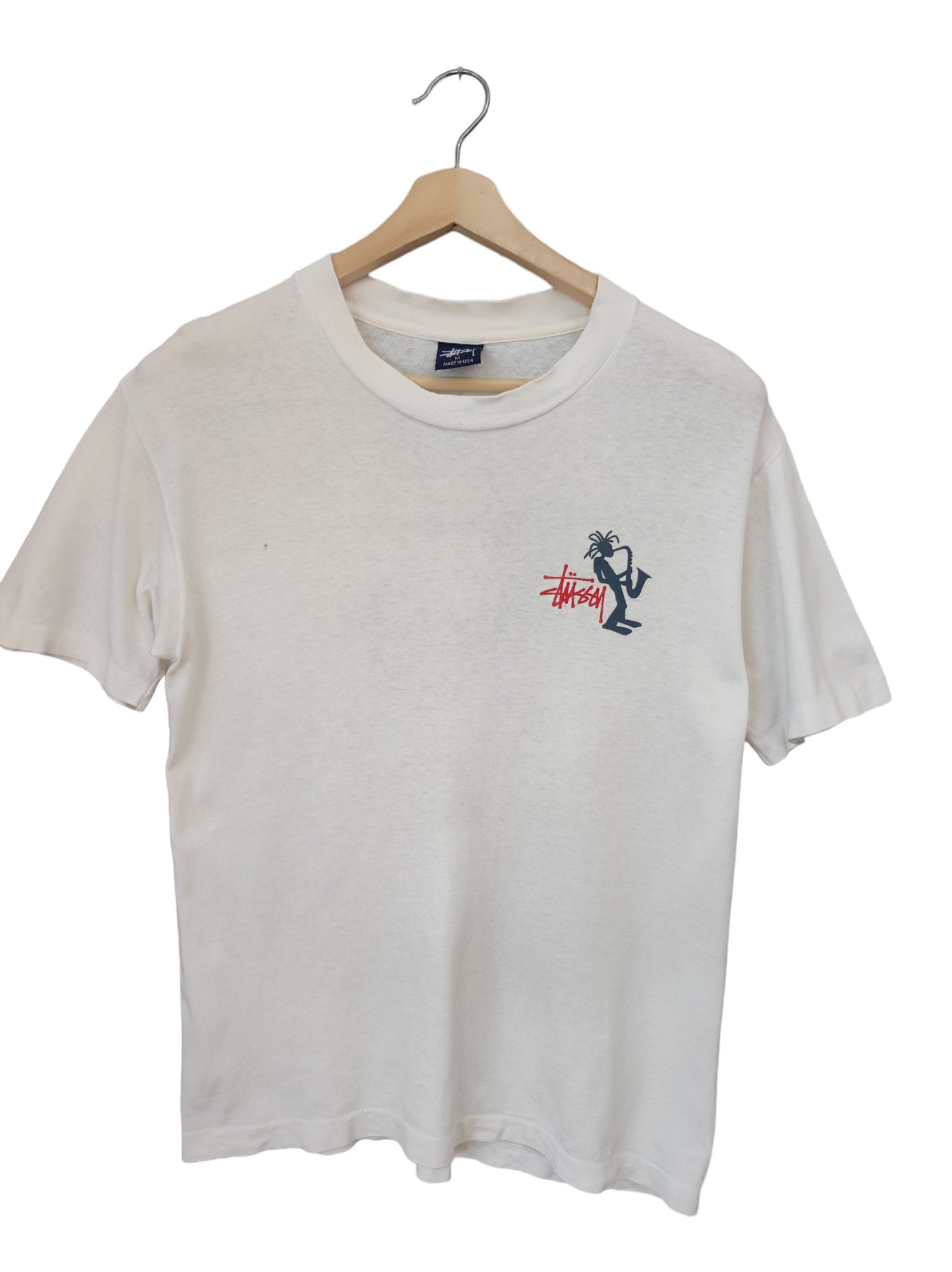 90s OG Stüssy T-shirt Vintage Rasta Jazz Saxophon Logo Casual