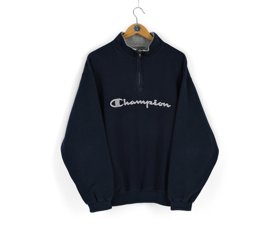 Vintage Men's CHAMPION Big Center Logo Quarter Zip Blue Sweatshirt