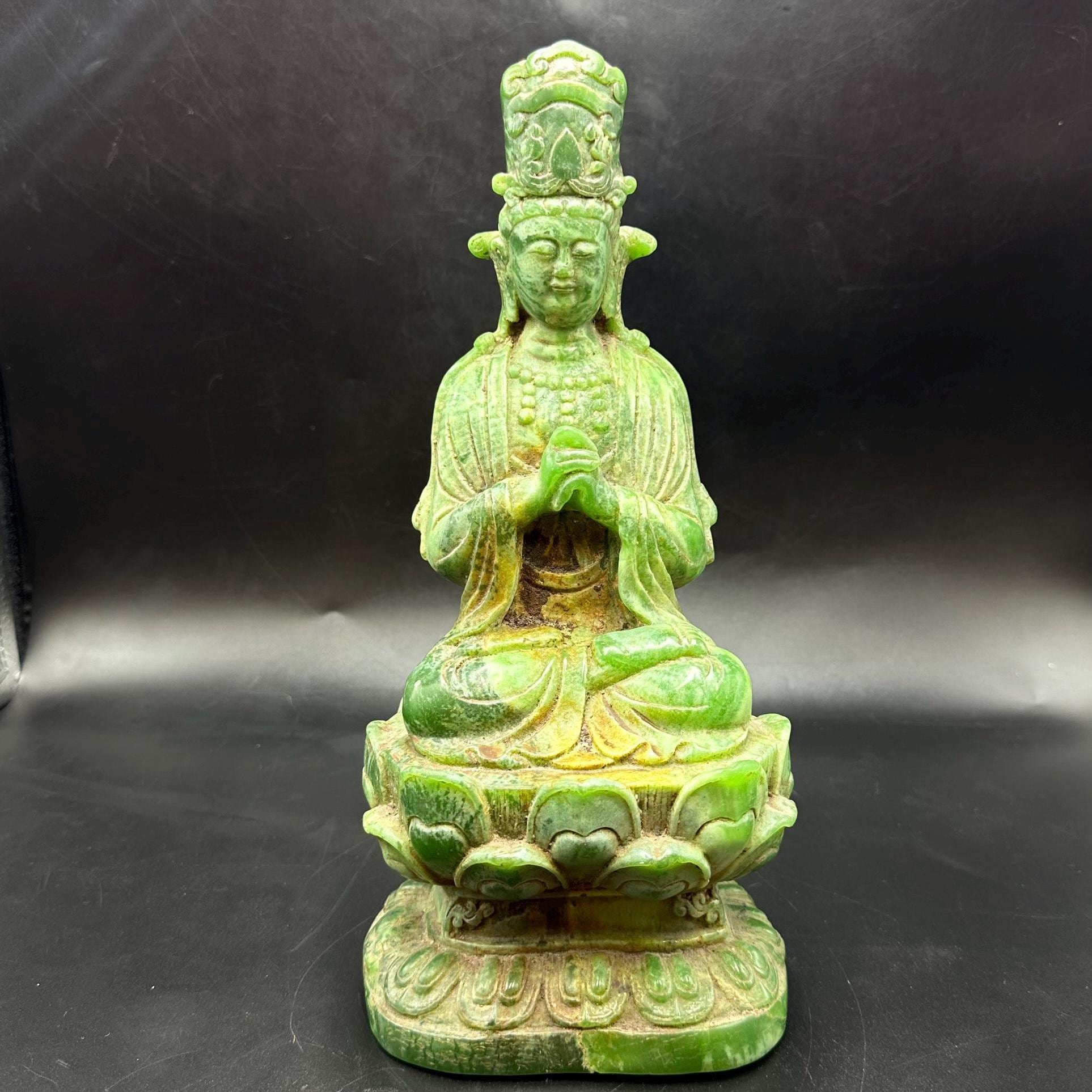 古代中国の緑の翡翠彫刻の観音菩薩像と古代中国の彫刻 - Etsy 日本