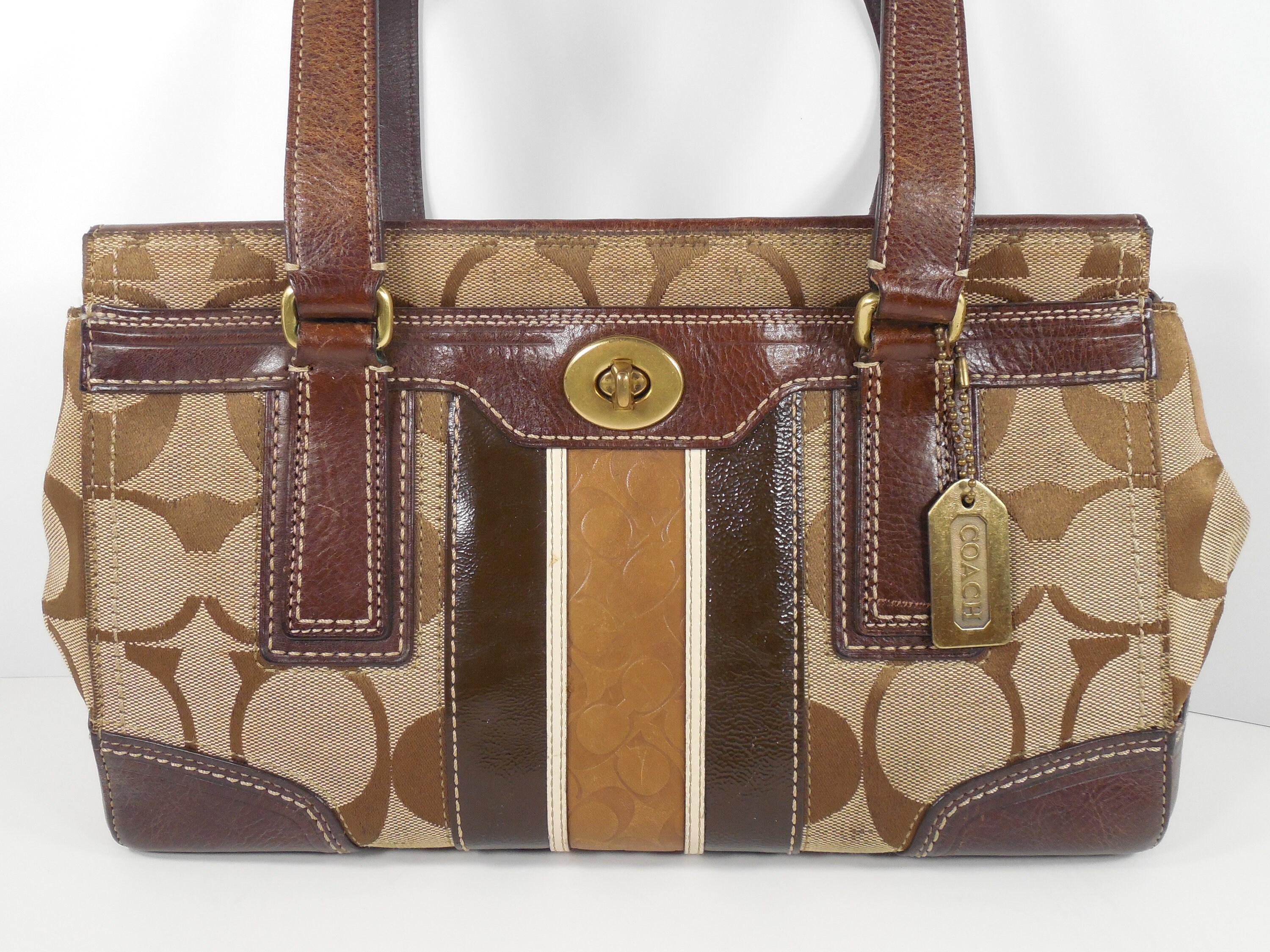 Coach Brown Leather Signature Canvas Hamptons Bag Purse Handbag