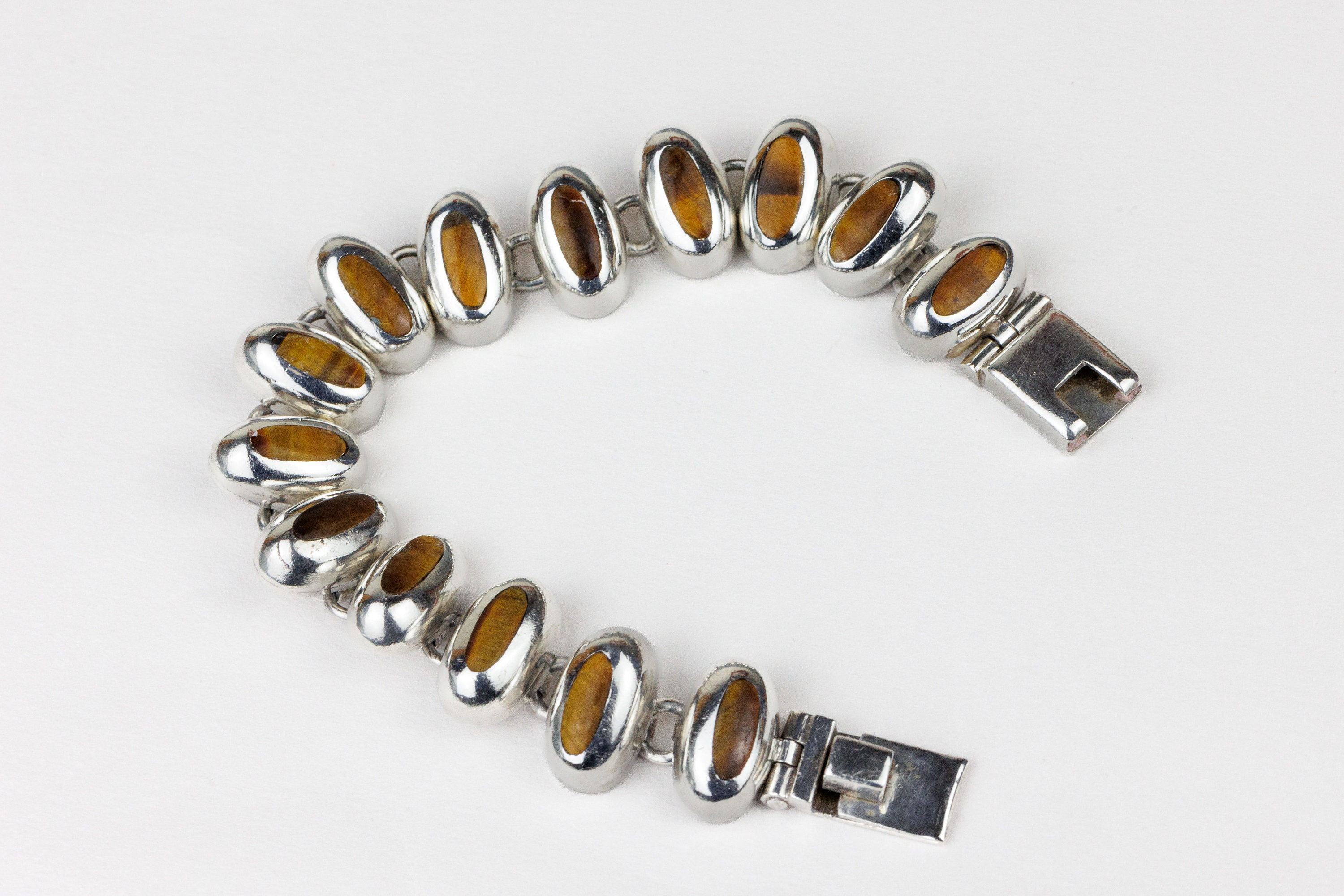 Vintage Heavy Silver Mexican Tigers Eye Bracelet, Stamped Mexico