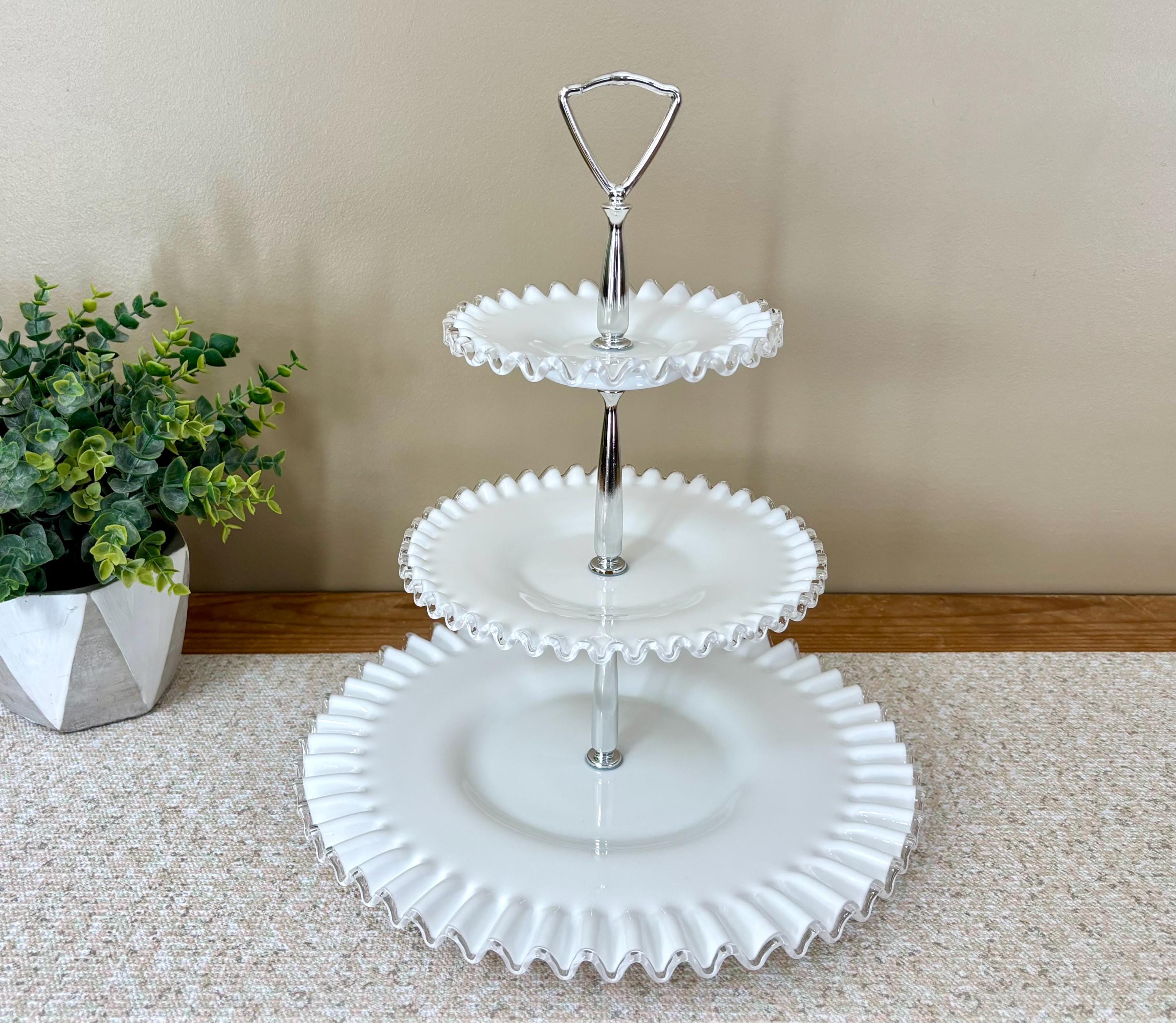 Fenton Vintage Milk Glass Silver Crest 3 Tier Ruffled Tidbit Tray