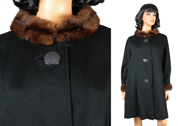 Vintage Swing Coat Sz L 50s 60s Black Wool Brown Fur Collar Cuffs