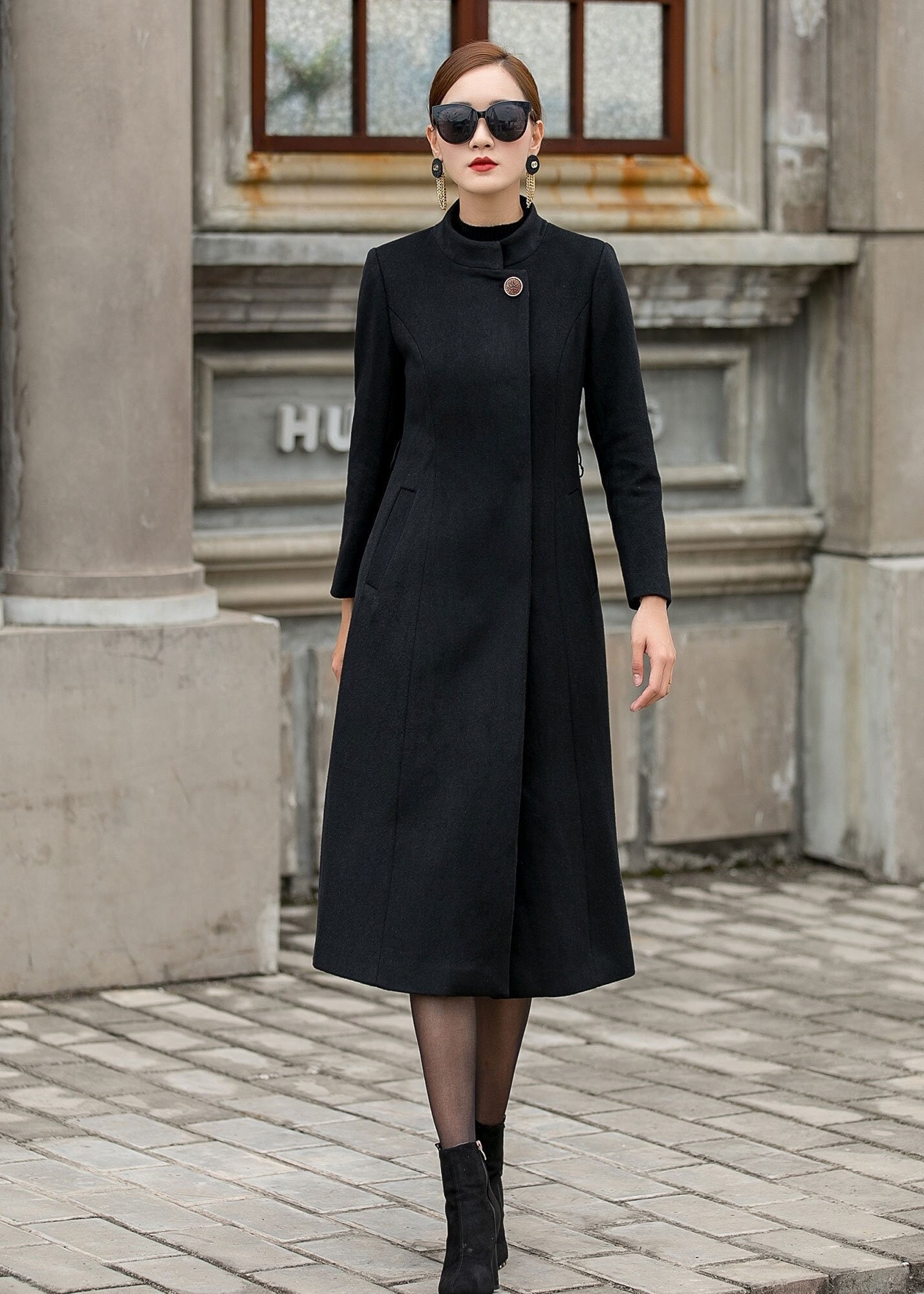 Long Wool Coat Women, Stand Collar Coat, Black Trench Coat, Fitted