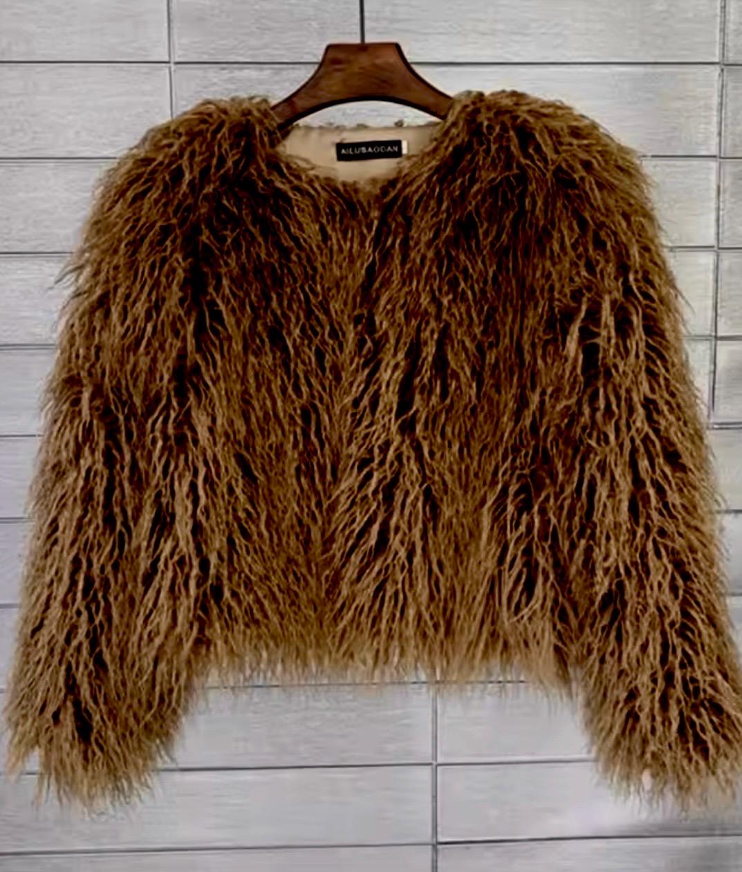 Shaggy Fur Coat , Brown , Short . Mongolian Faux Fur Jacket