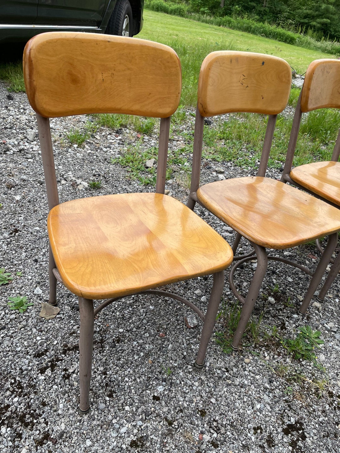 Vintage Heywood Wakefield School Chairs, Solid Wood Seat, Metal