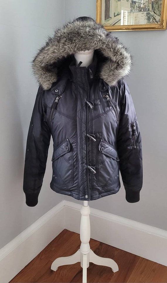 Vintage Y2K Black Down Bomber Jacket ~ 2000s Oversized Faux Fur