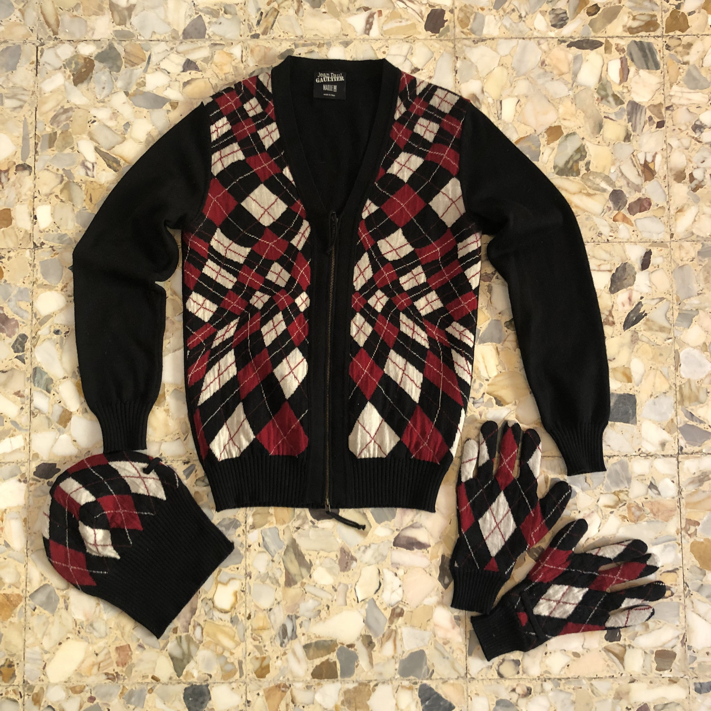 90s Jean Paul Gaultier Preppy Wool Knit Cardigan, Hat & Gloves Set