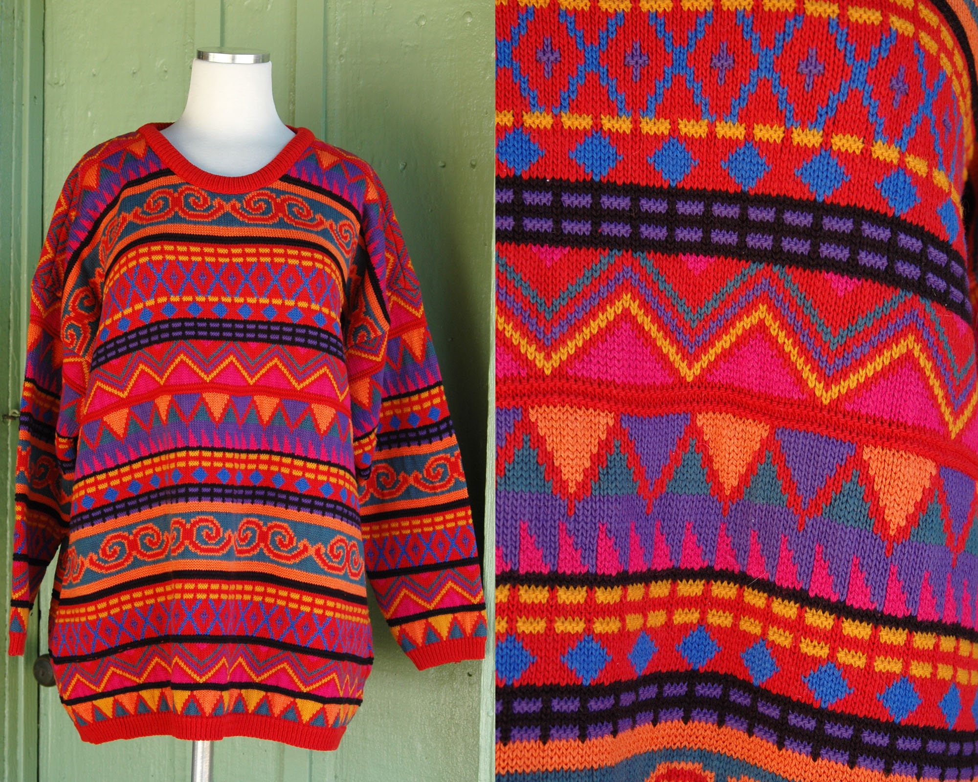 1980s 1990s Red Pink Purple Orange Funky Striped Geometric Pull