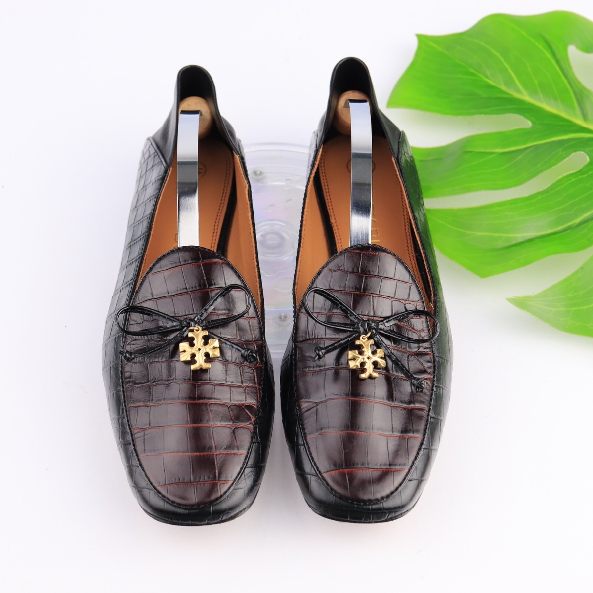 Tory Burch Womens Charm Loafer Size 7.5 Black Red Croc Flat Mule