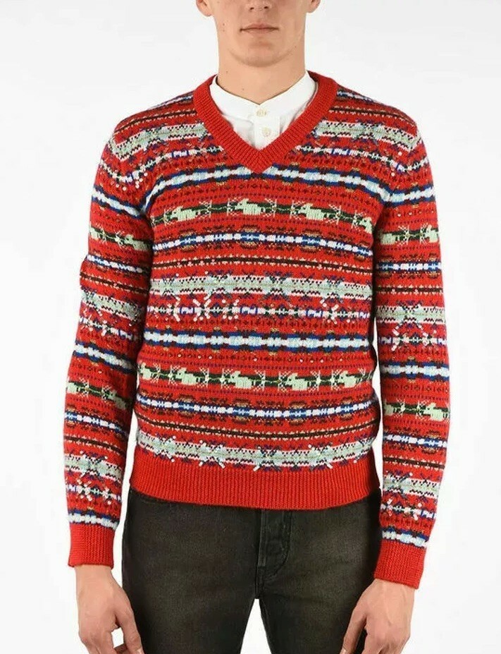 Gucci GG Printed Fair Isle Jacquard Holiday V-Neck Red Wool