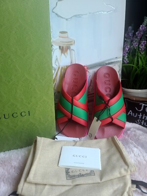 GUCCI Rubber Web Womens Criss Cross Slide Sandals Coral New
