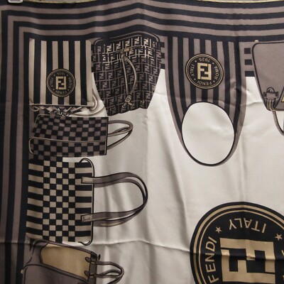 FENDI large scarf Silk square Scarf 86cm 33″ logo beige black