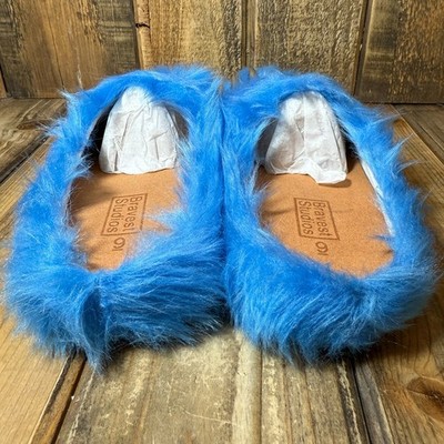 BRAVEST STUDIOS BEAR CLAW MULES BLUE FURRY STEEL CLAWS LEATHER
