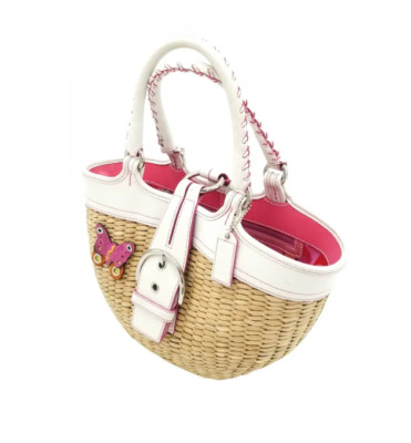 Coach Straw Butterfly Embellished Straw Tote With White Leather