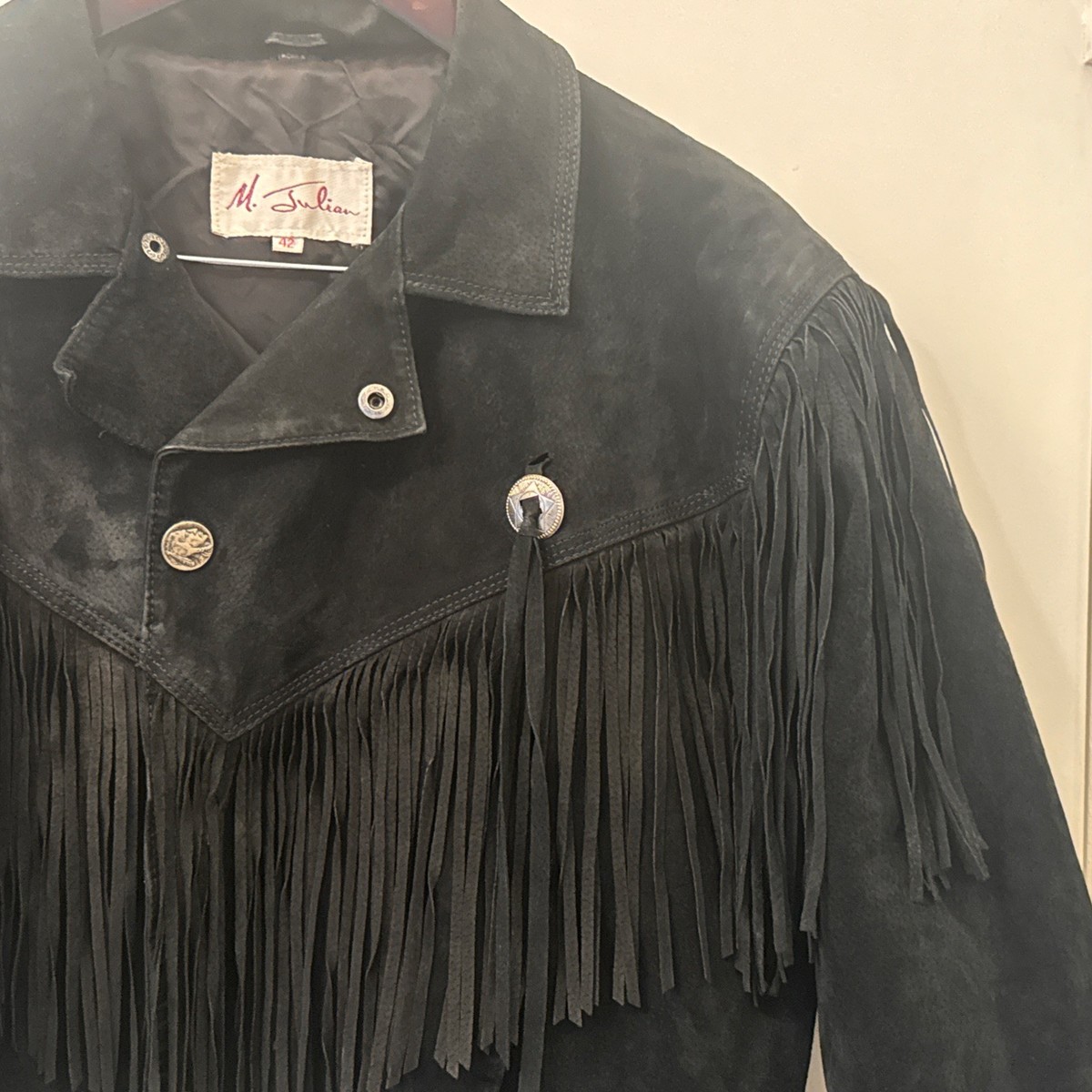 Vintage 80s Black Suede Fringe Cropped Jacket with Shoulder Pads