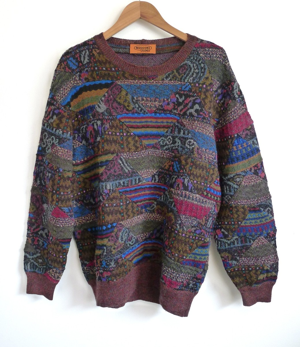 MISSONI UOMO Vintage 80s Patchwork Wool Alpaca Mohair Sweater Made