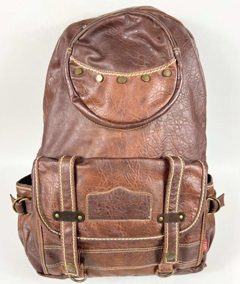 Vintage Diesel Backpack Brown Leather Y2K 90s Rare Bag Distressed