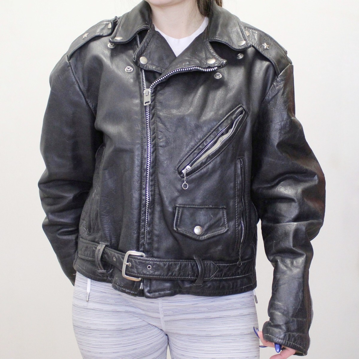 Vintage 60s Leather Biker Jacket Black Rocker Moto Jacket Silver
