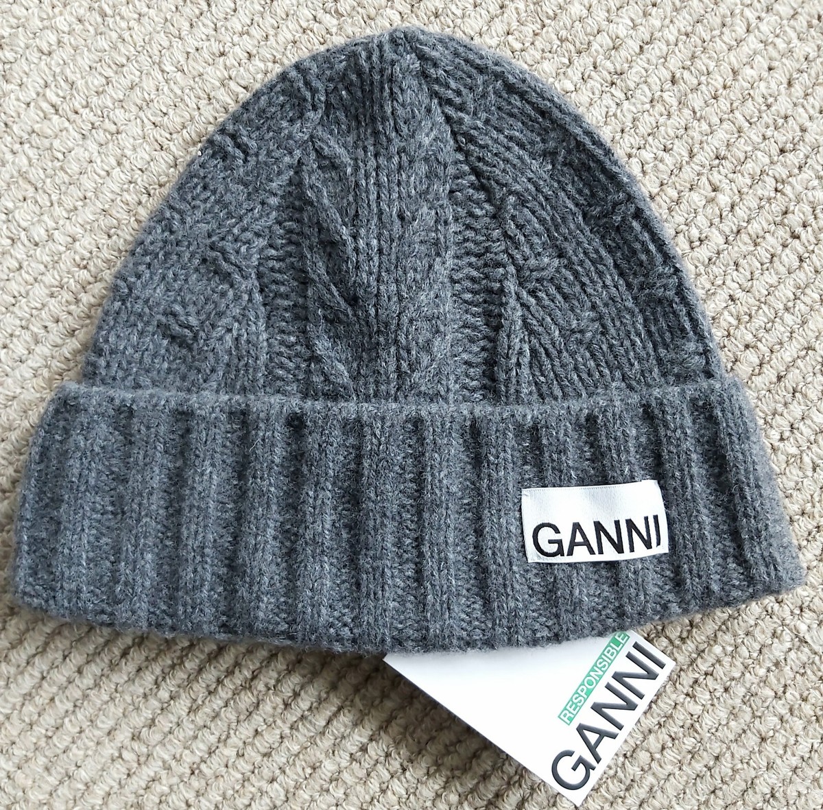 Genuine GANNI Frosty Grey 76% Wool Knitted BEANIE Hat Toque Womens