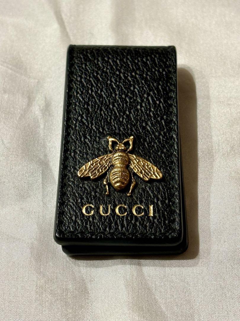 NM GUCCI Metal Bee Animalier Money Clip Black Leather Wallet Bill